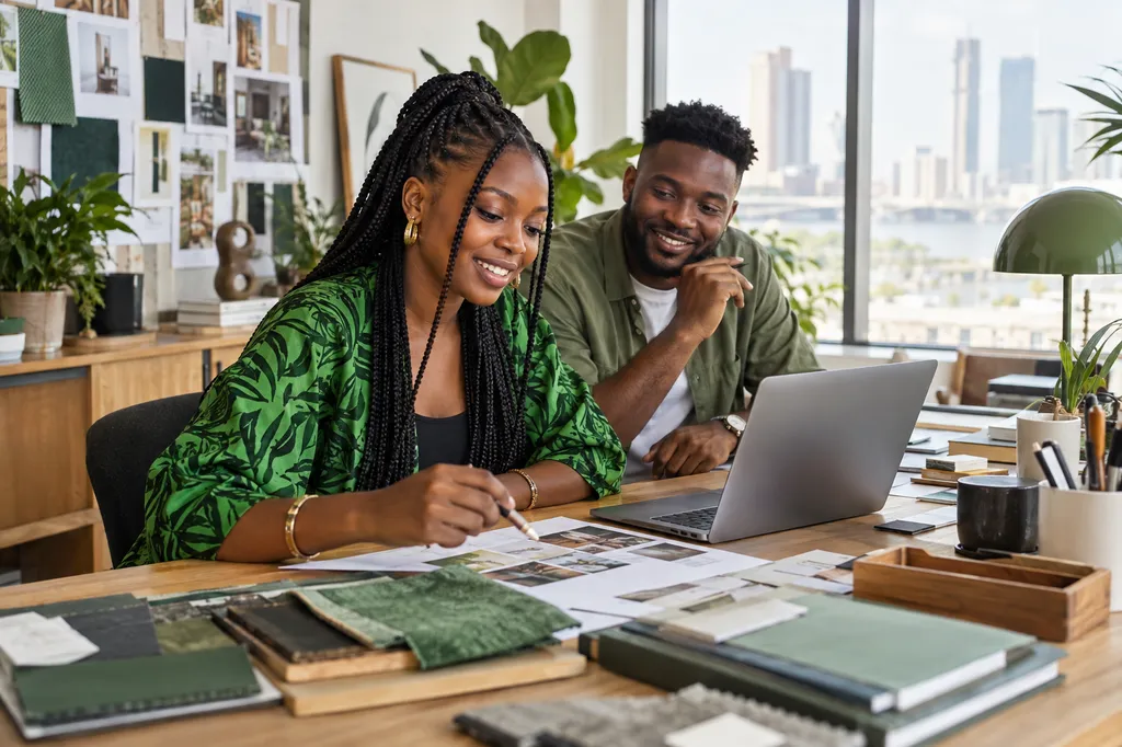Two creative business owners collaborating in a bright design studio